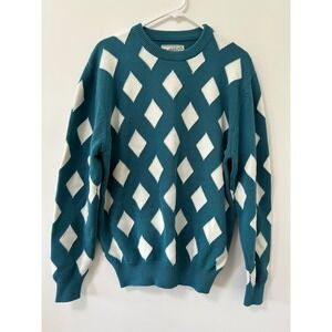 Bogey Boys Mens Teal White Diamond Argyle Knit Crewneck Sweater Large
